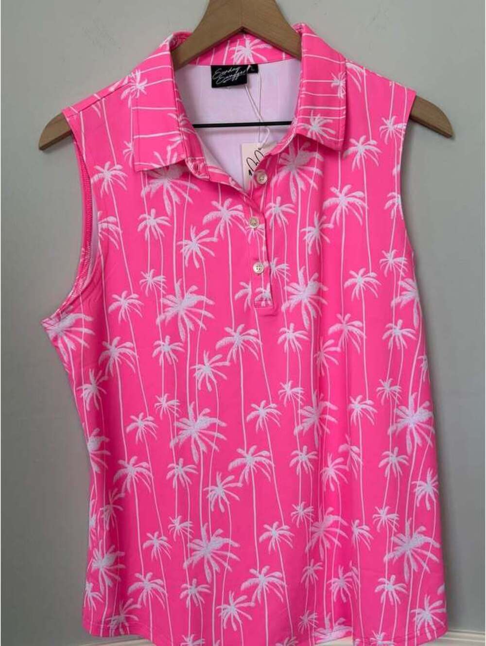 Sunday Swagger Pink Palm Tree Sleeveless Polo Size L NWT